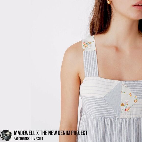 MADEWELL X THE NEW DENIM PROJECT PATCHWORK OVERALL JUMPSUIT BLUE RAILROAD STRIPE - Picture 7 of 16